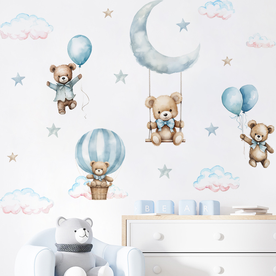 Baby Nursery Hot Air Balloon - Акварельный медведь, воздушный шар, облако, наклейки